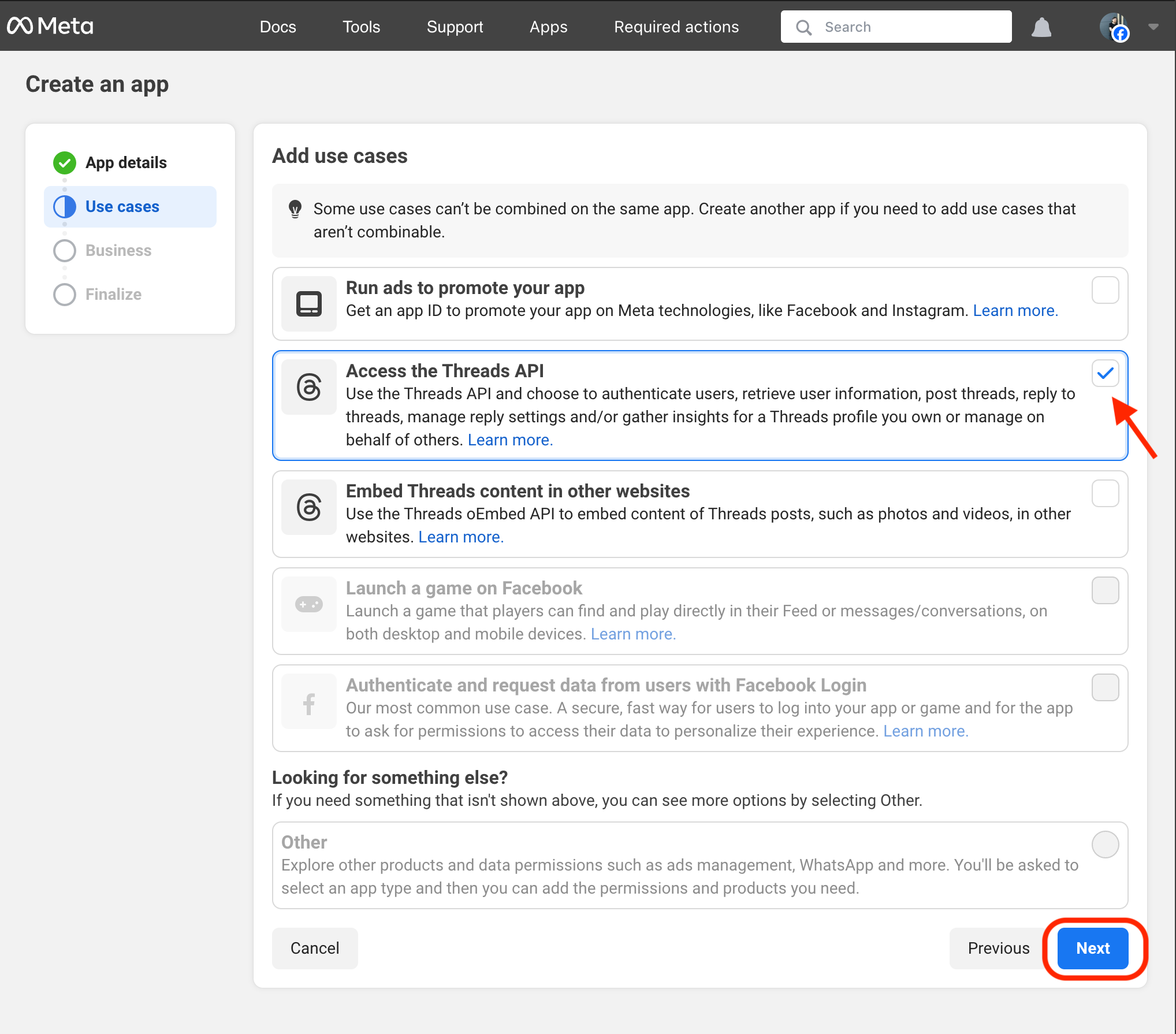 Choosing Threads as the use case while creating a Facebook app.