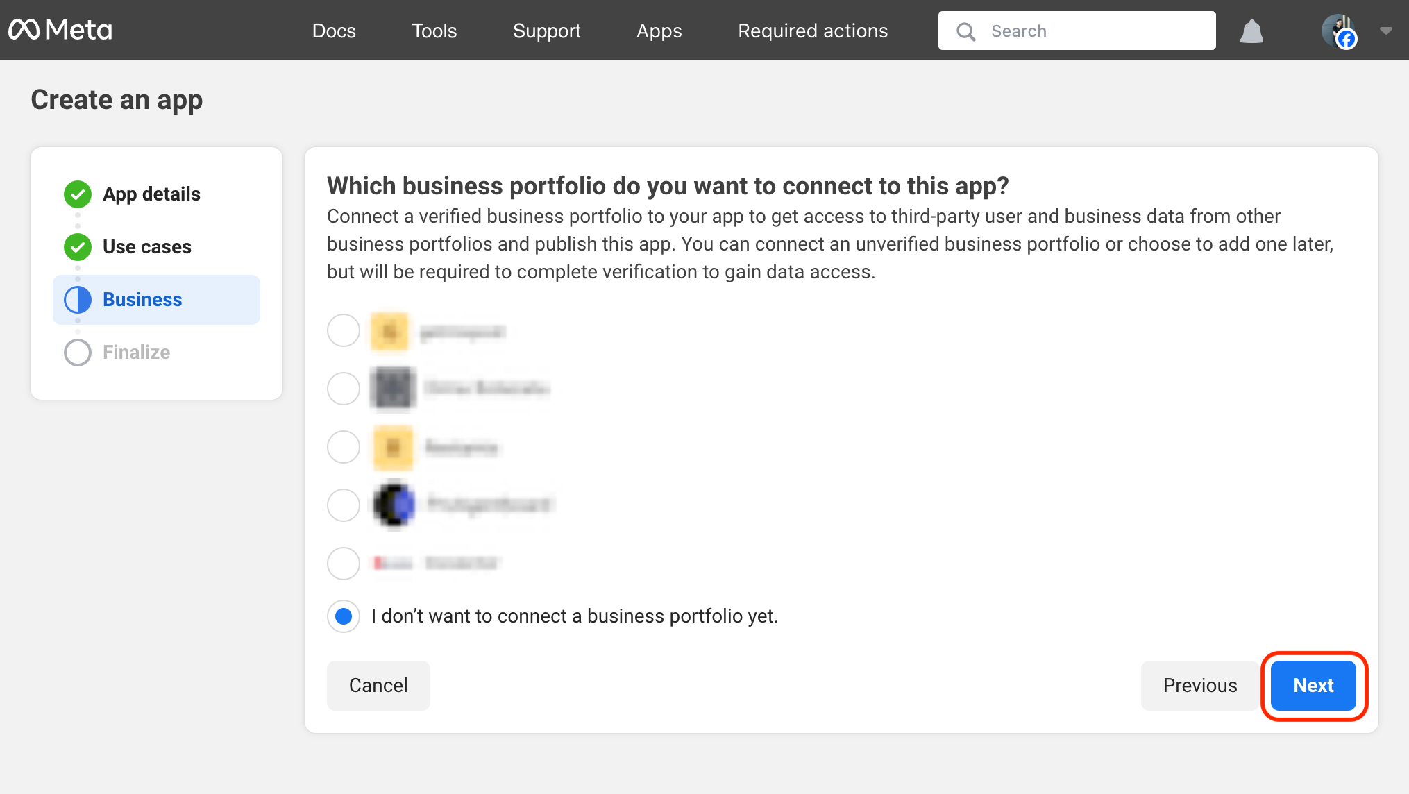 Select a business portfolio (optional)