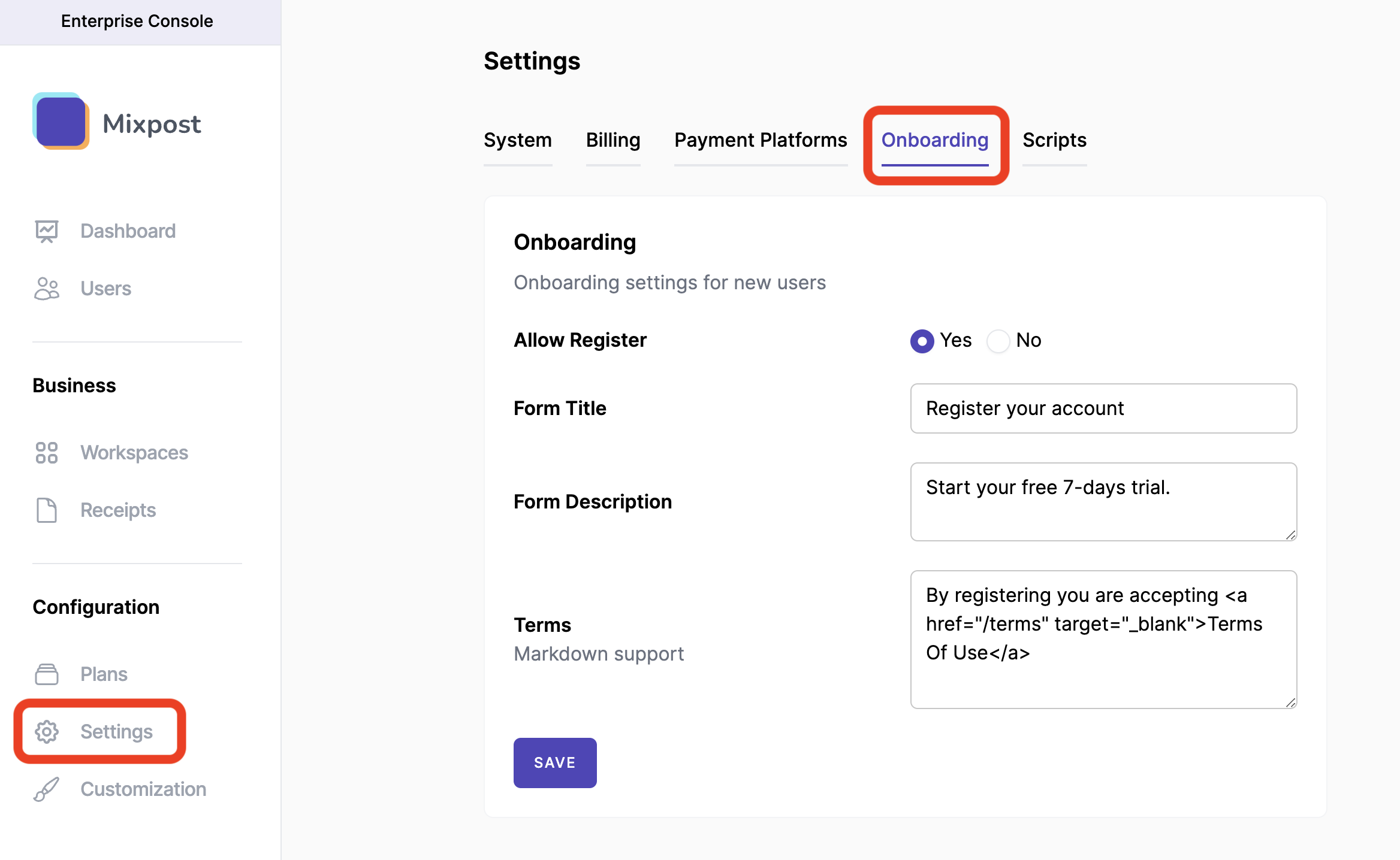 Mixpost Onboard Settings