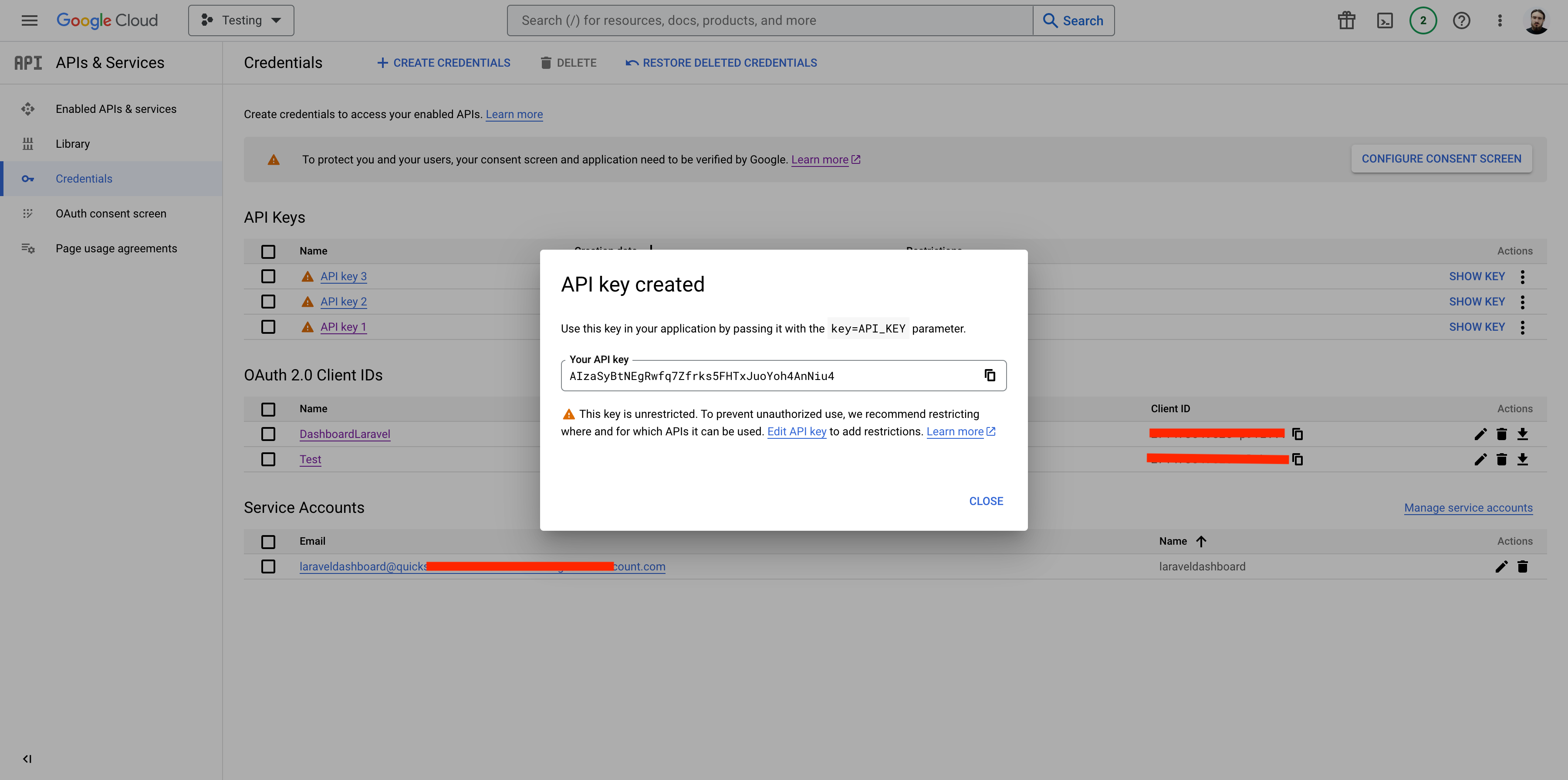 Google Console Tenor Created API Key