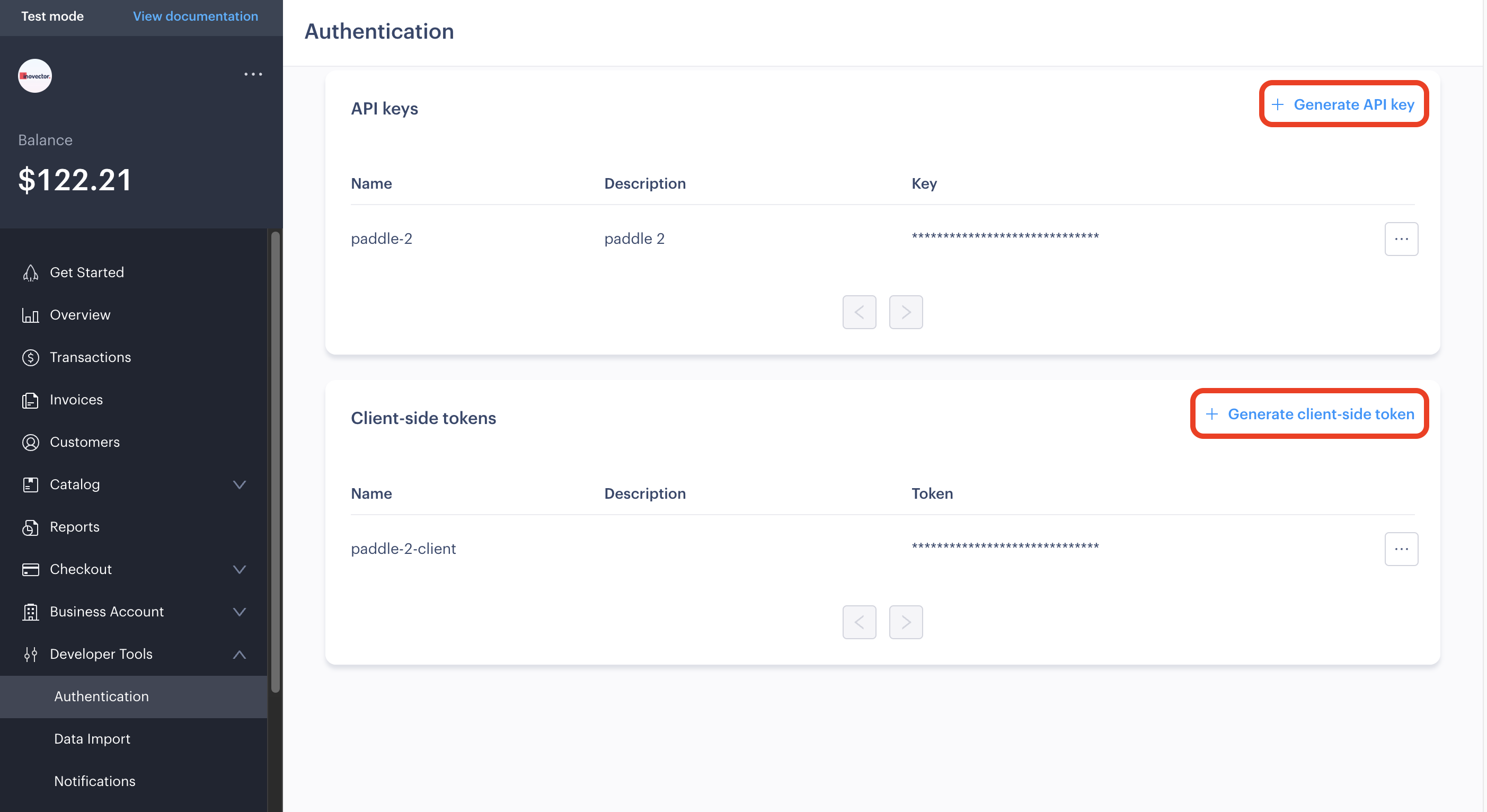 Paddle Dashboard get Credentials 1