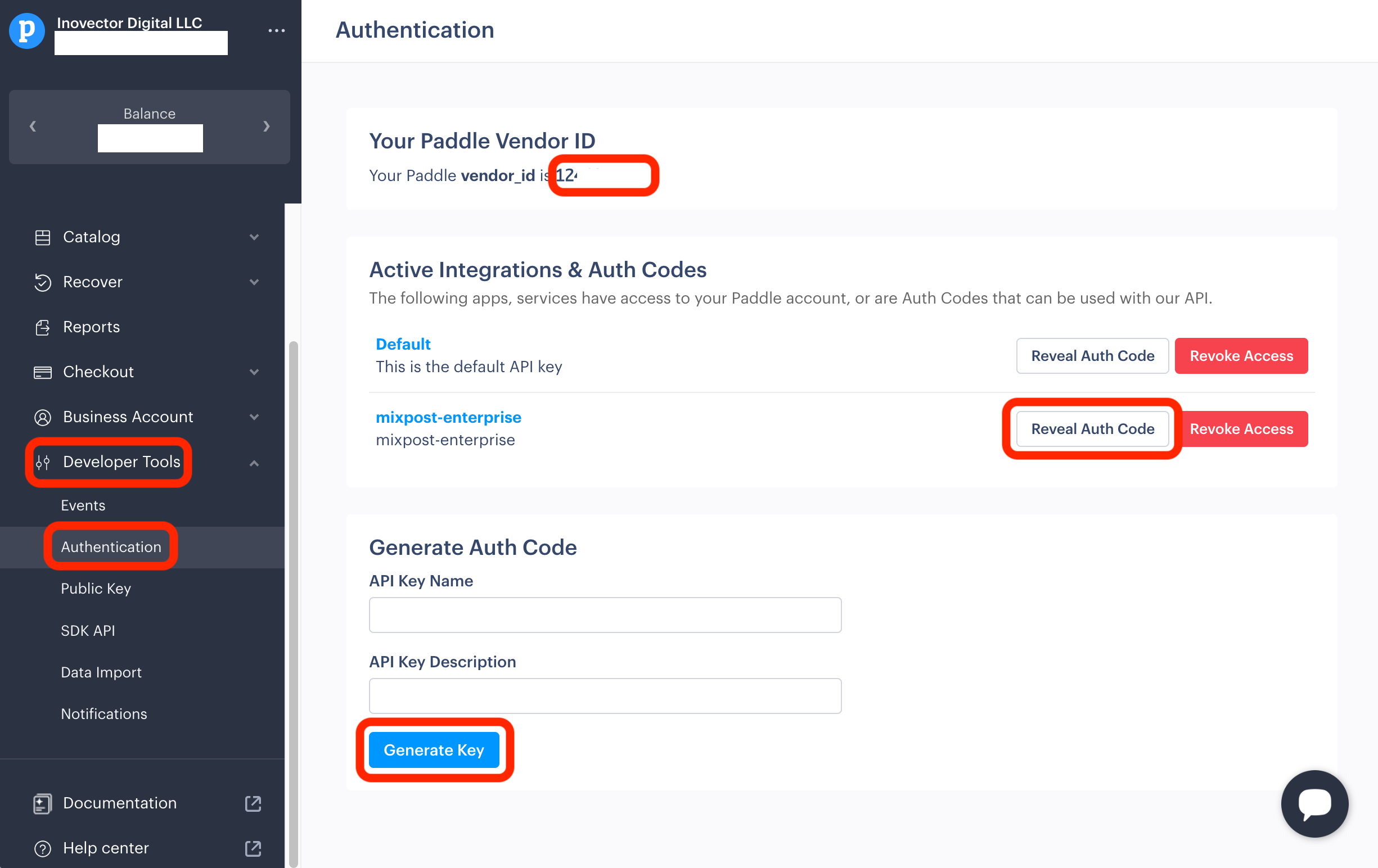 Paddle Dashboard get Credentials 1