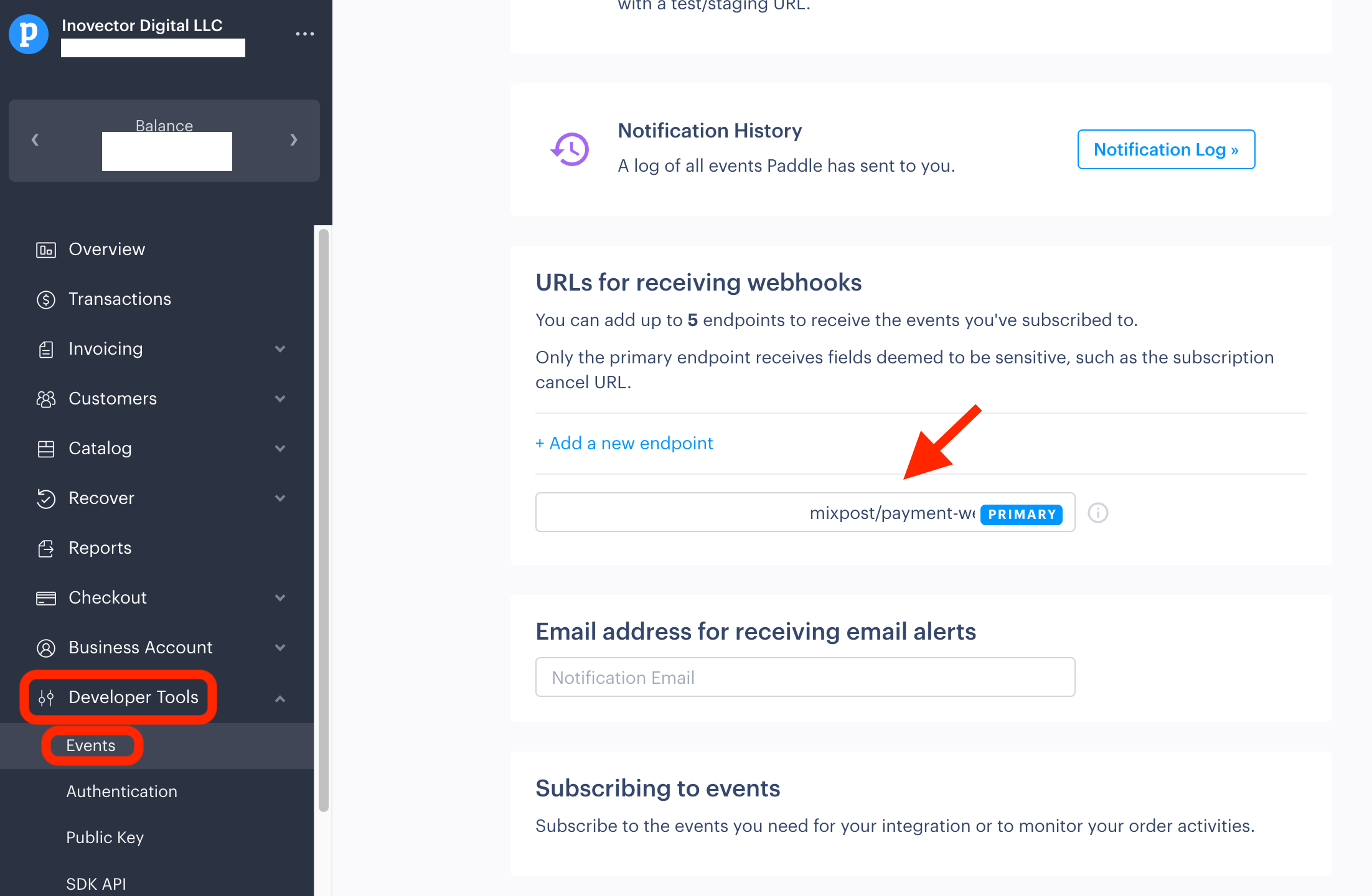 Paddle Dashboard Webhook configuration 5