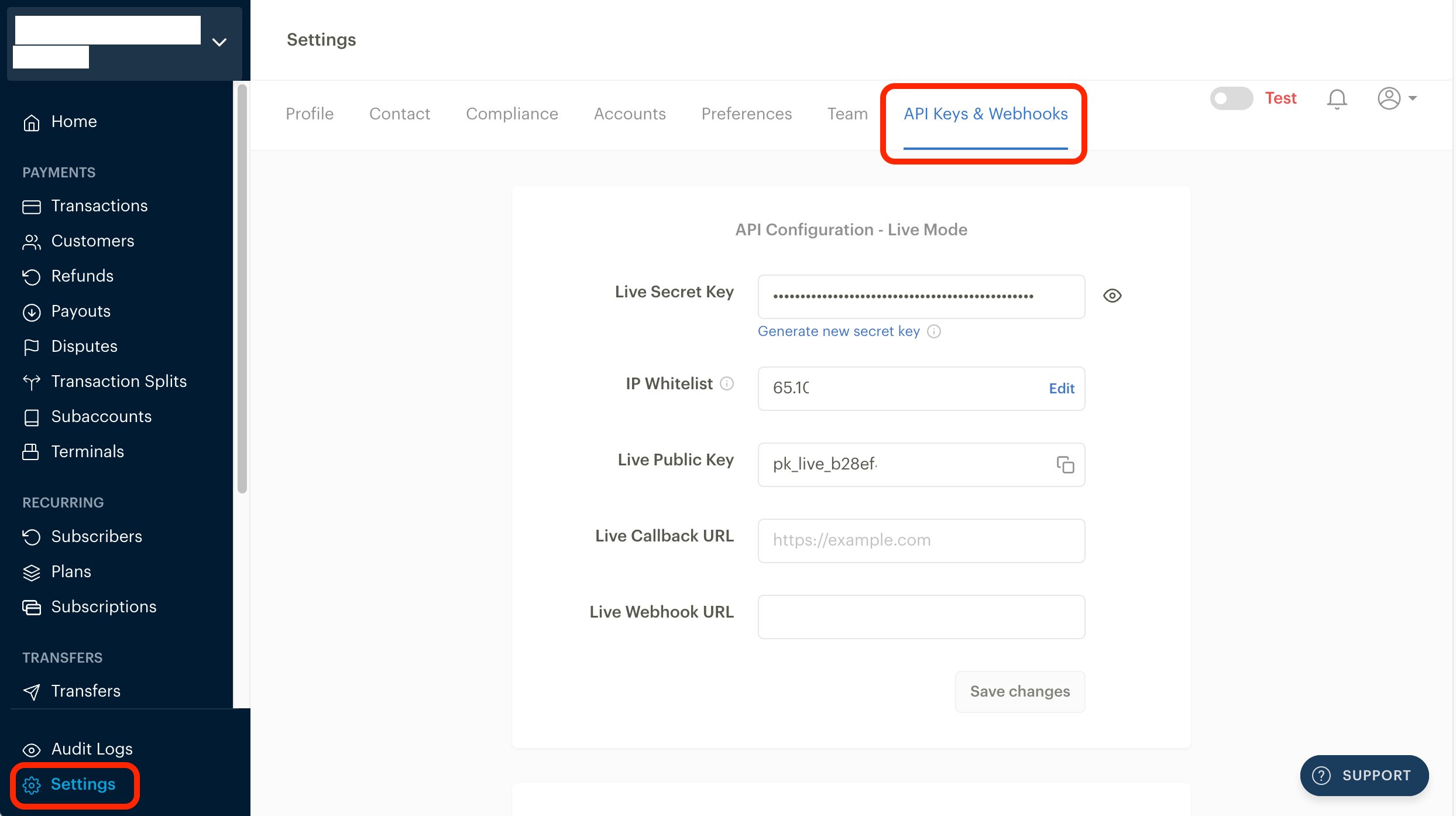 Paystack Dashboard Webhook configuration