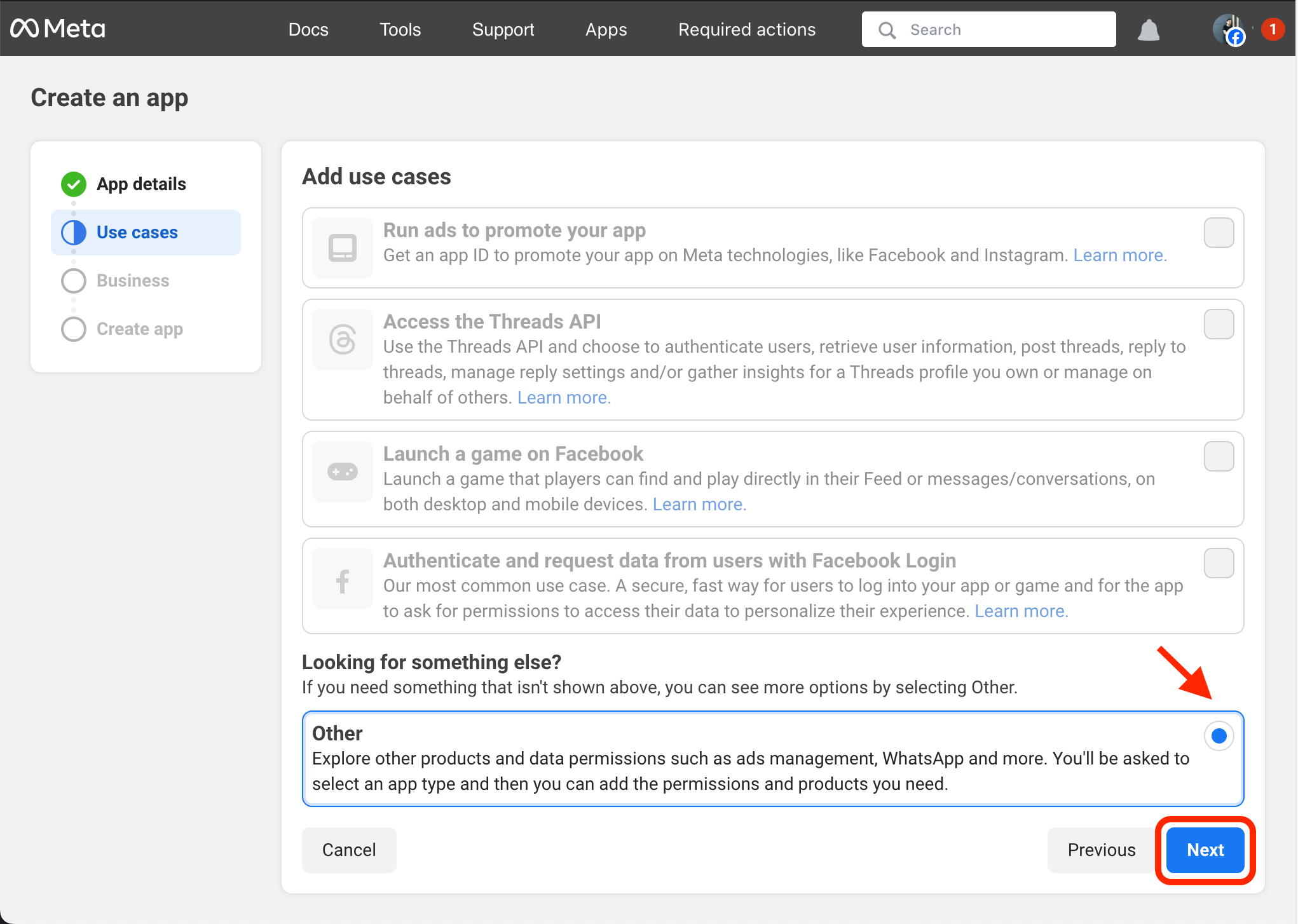 Choosing “Other” as the use case while creating a Facebook app.