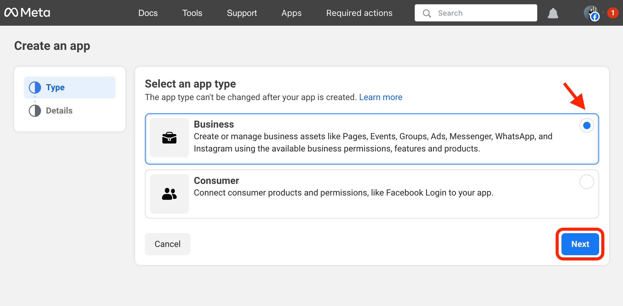 Selecting “Business” as the app type in the Facebook Developer Dashboard.