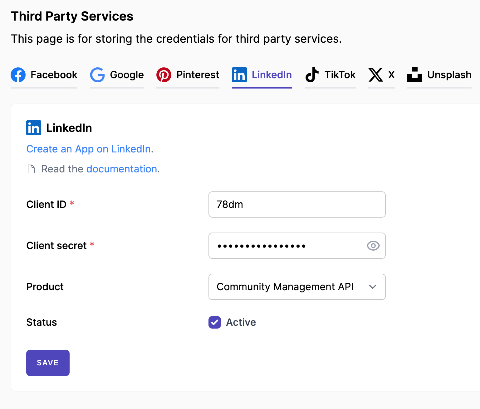 LinkedIn Credentials in Mixpost Dashboard