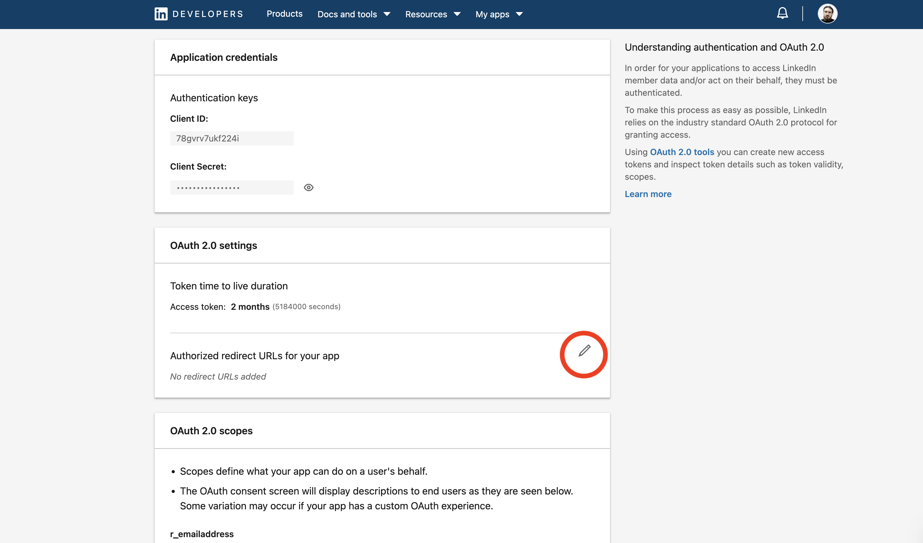 LinkedIn  Configure redirect URIs 1