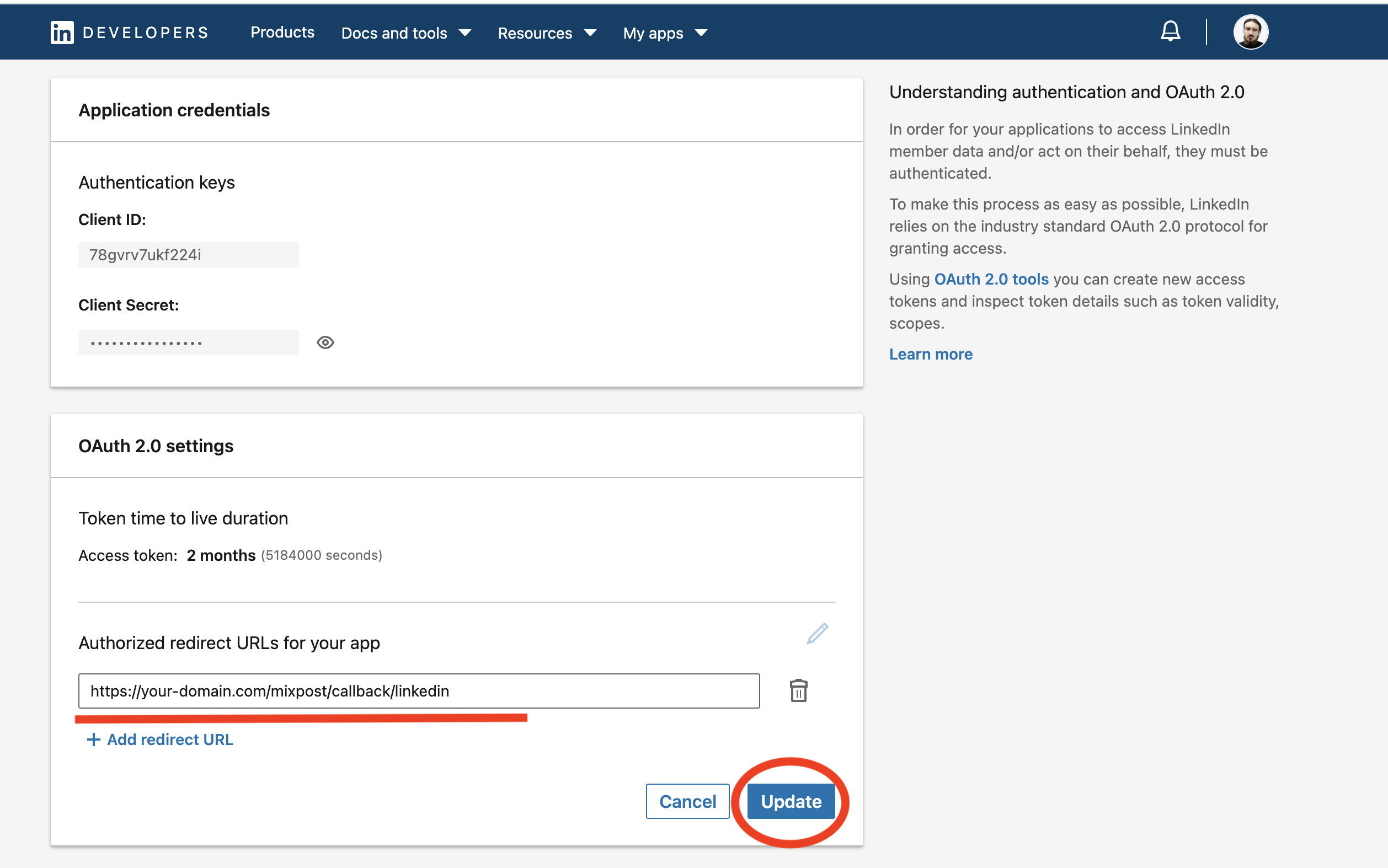 LinkedIn  Configure redirect URIs 2