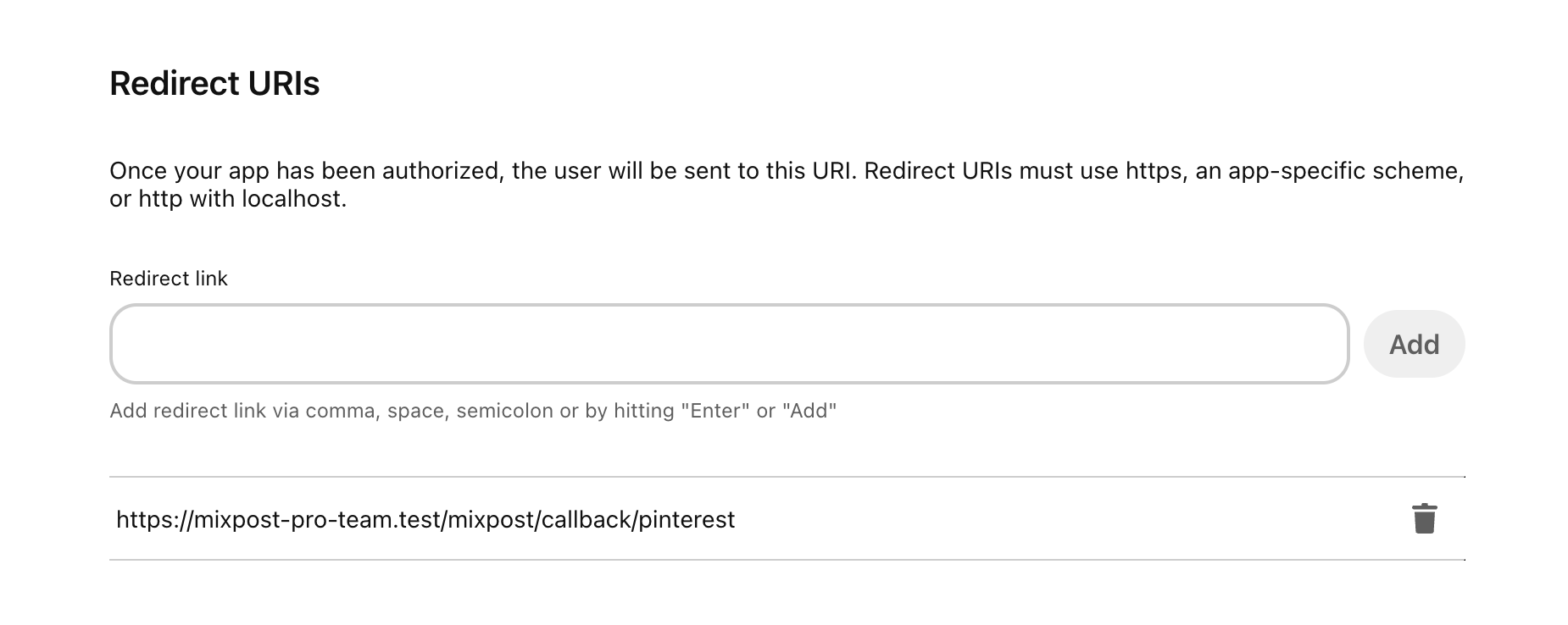 Pinterest Configure redirect URIs