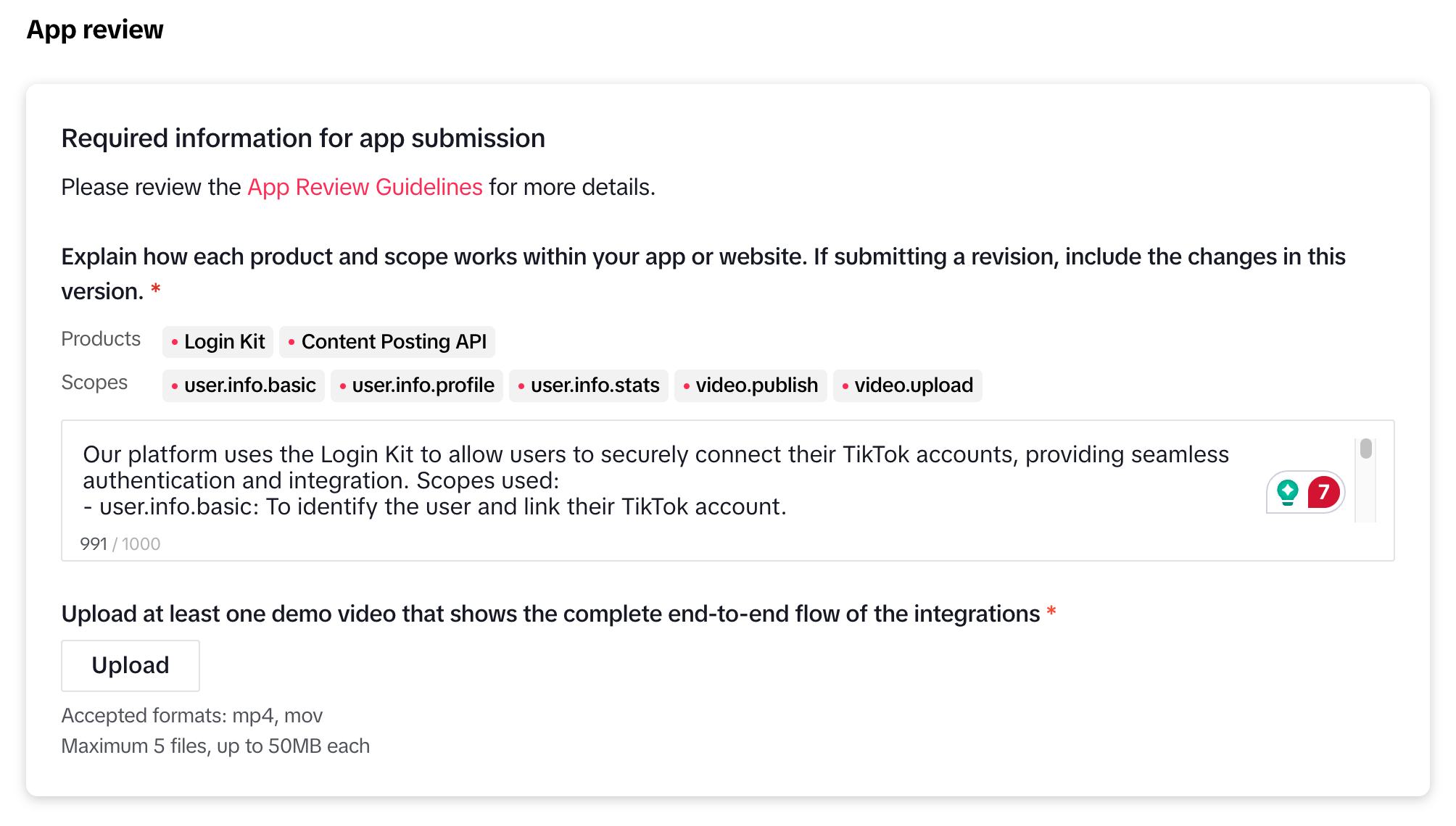TikTok Developer application, App Review