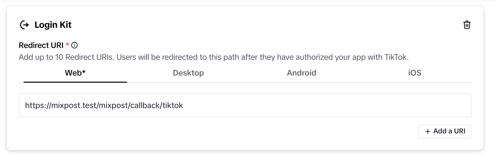 Configure TikTok redirect URI