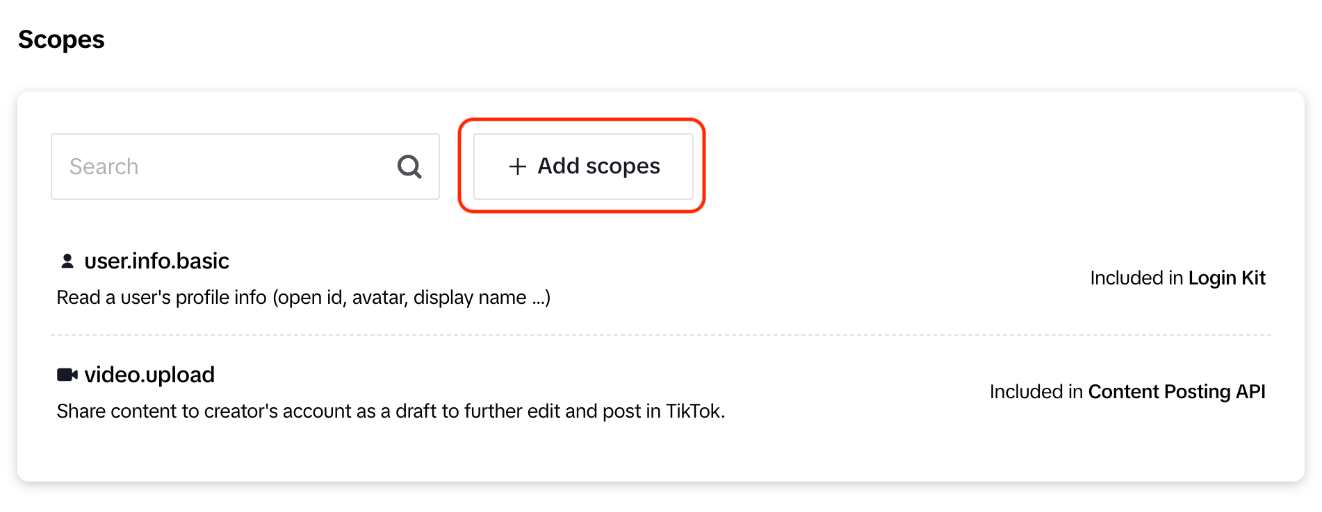 TikTok Developer application Scopes