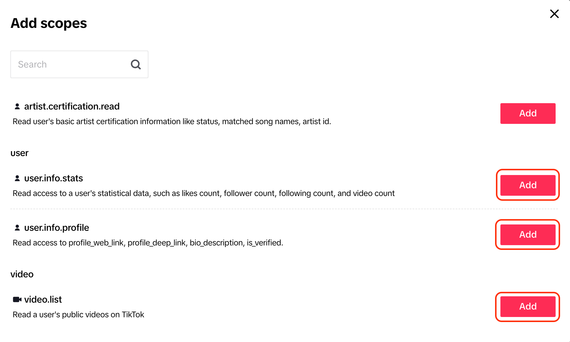 TikTok Developer application Scopes