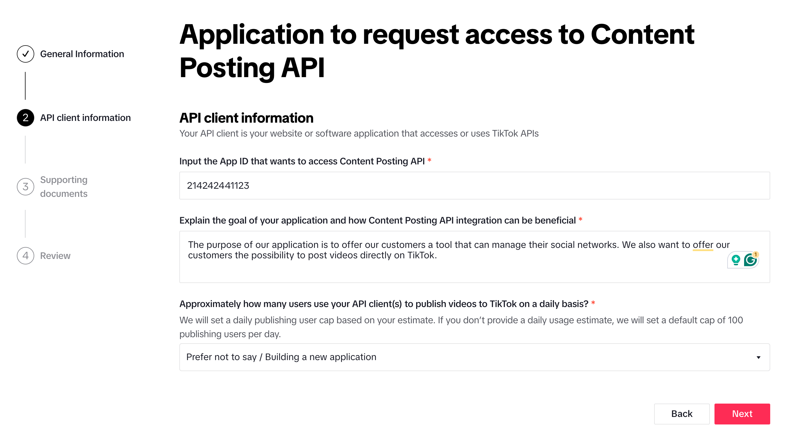 TikTok Direct Post Application - API client information