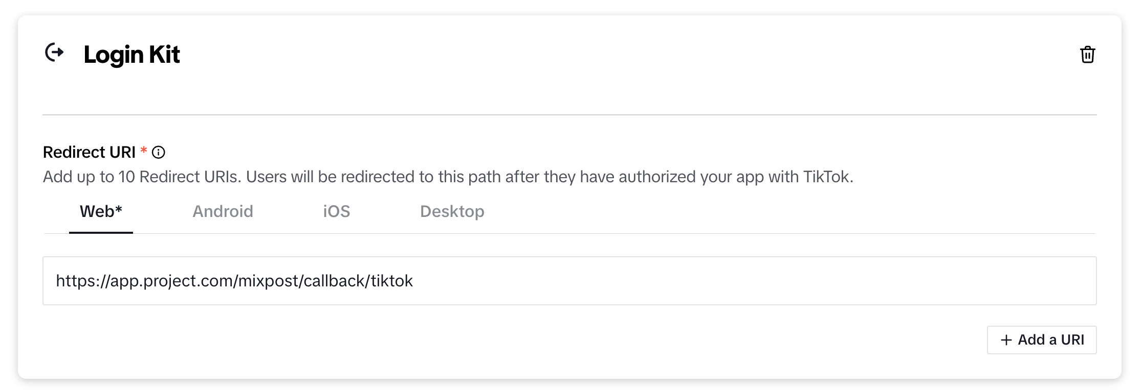 Configure TikTok app redirect URI