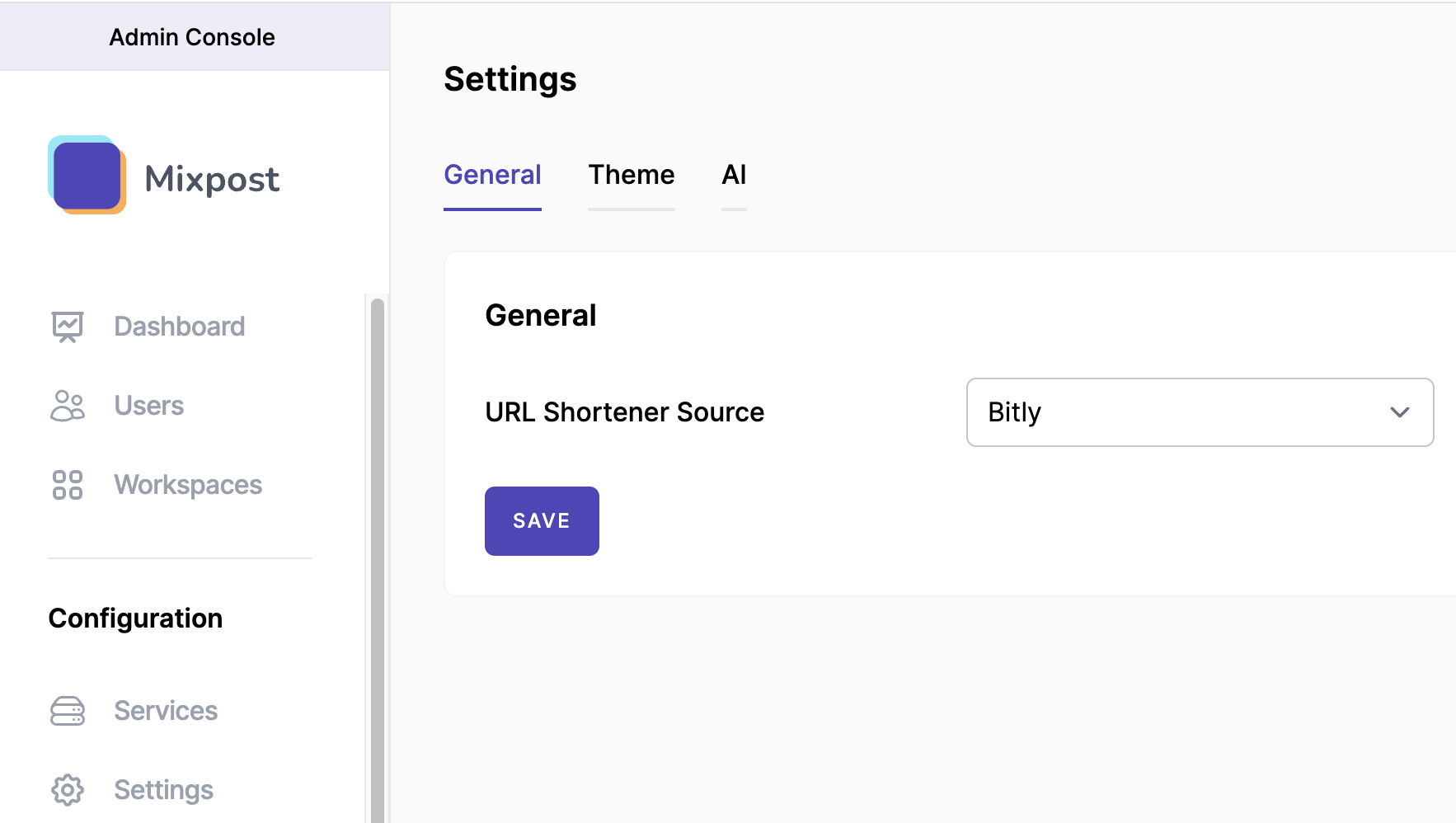 Mixpost General Settings - URL Shortener Source