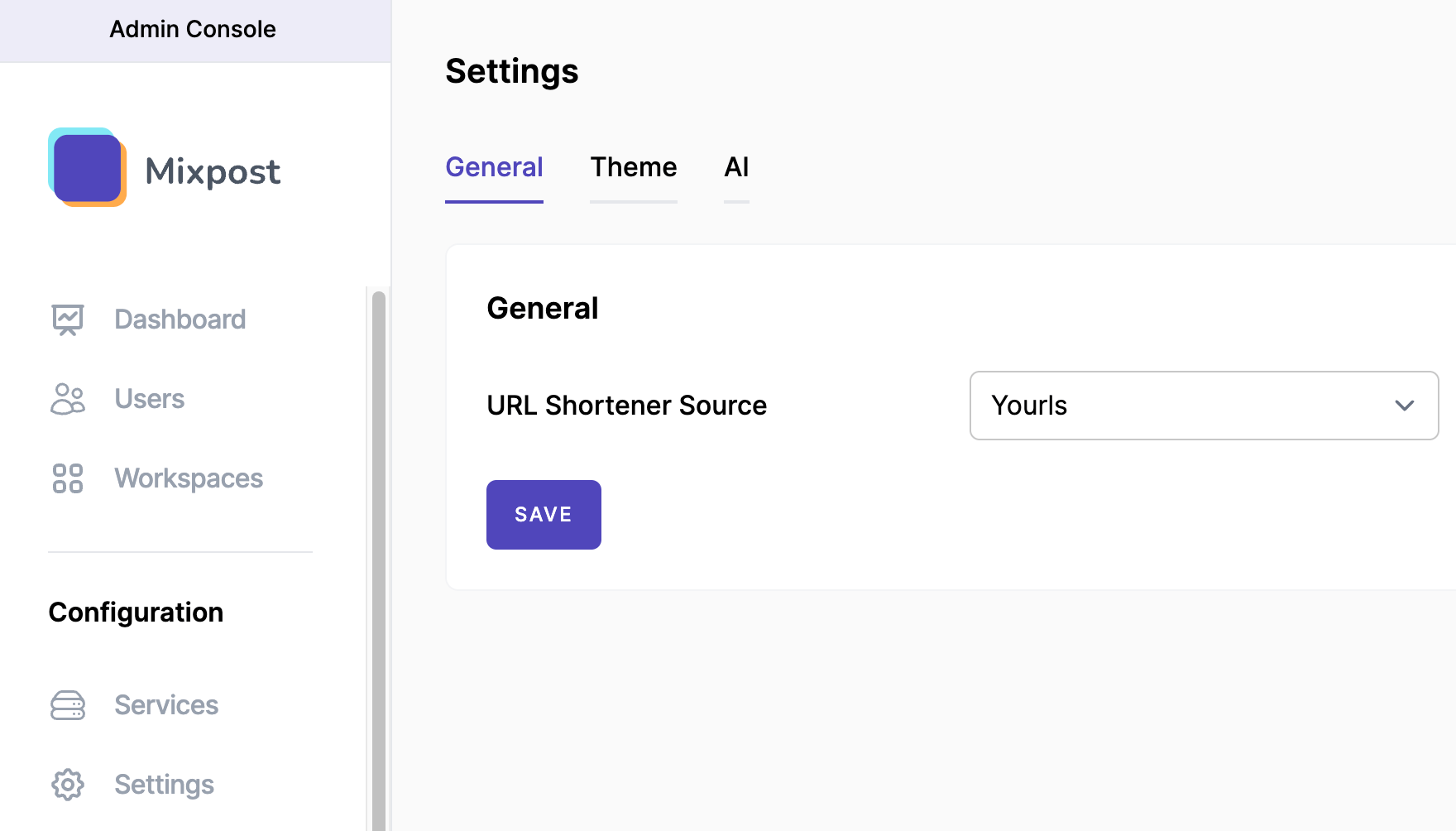 Mixpost General Settings - URL Shortener Source