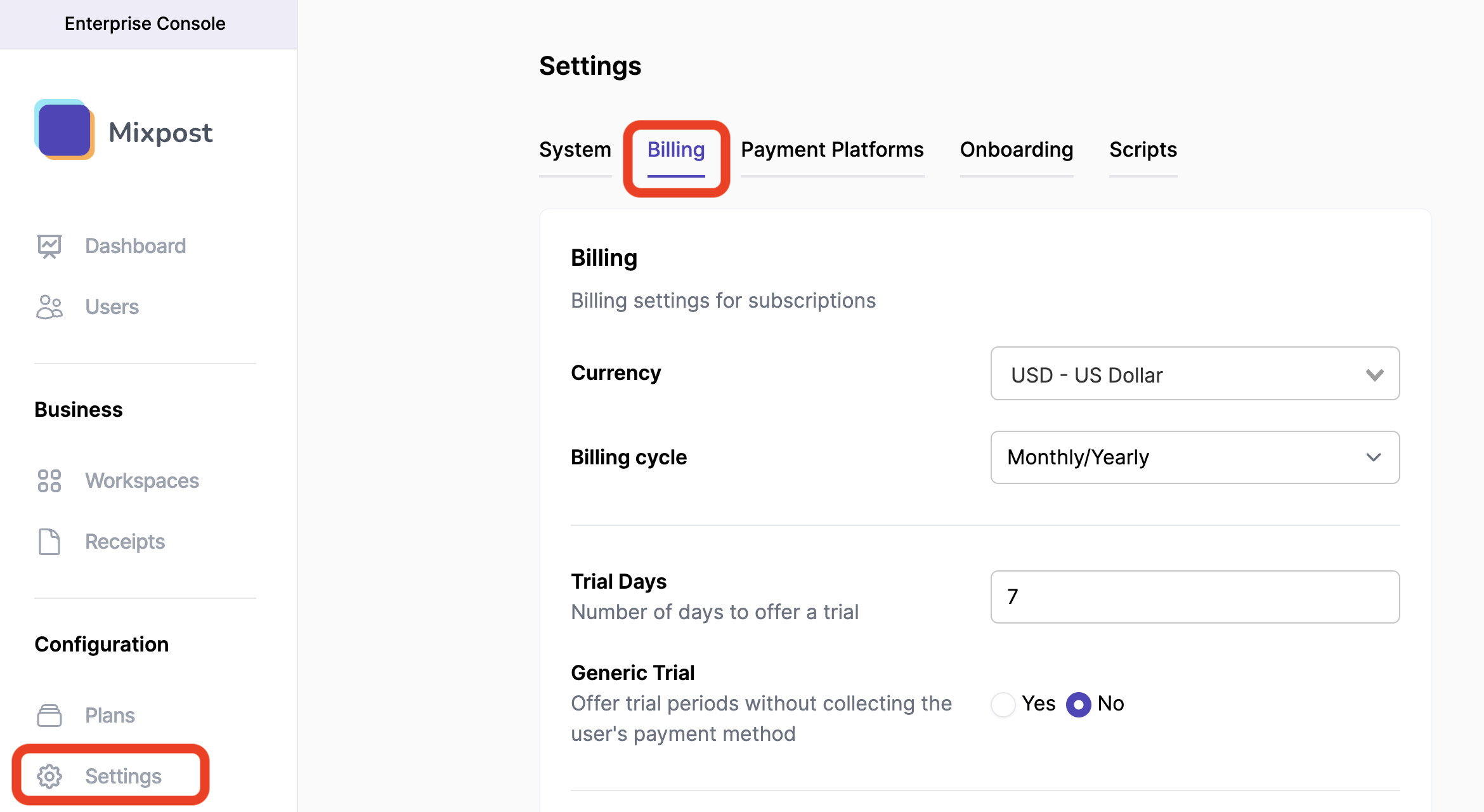 Mixpost Billing Settings